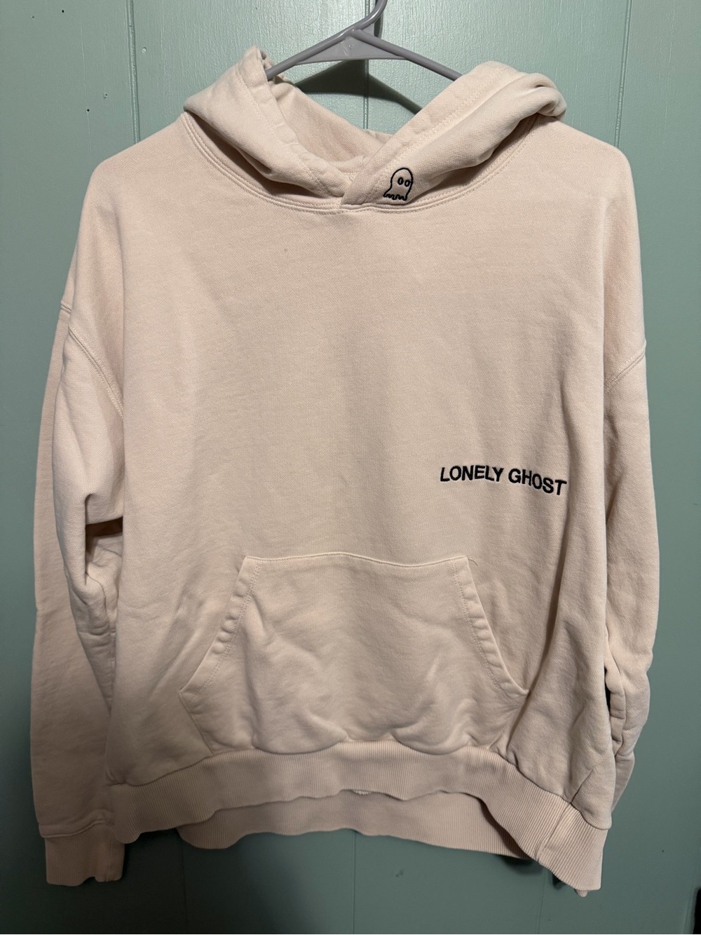 LONELY GHOST Soft Cream Pullover Hoodie with Ghost Embroidery